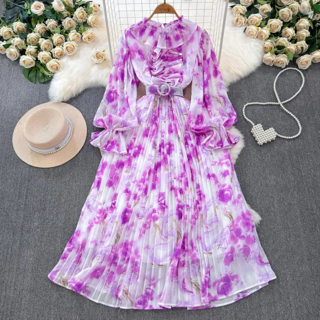 Summer Vintage Casual A-Line Floral Print Women Dress Elegant Chic Pleated Party Prom Vestidos with Belted Female Long Robe