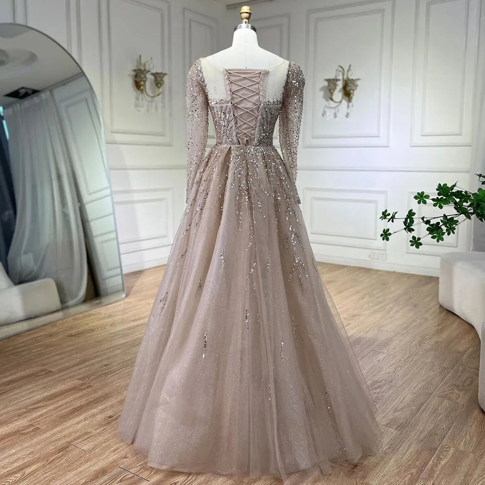 Serene Hill Muslim Pink A Line Beaded Luxury Dubai Long Evening Dresses Gowns 2024  For Woman Wedding Party LA71915