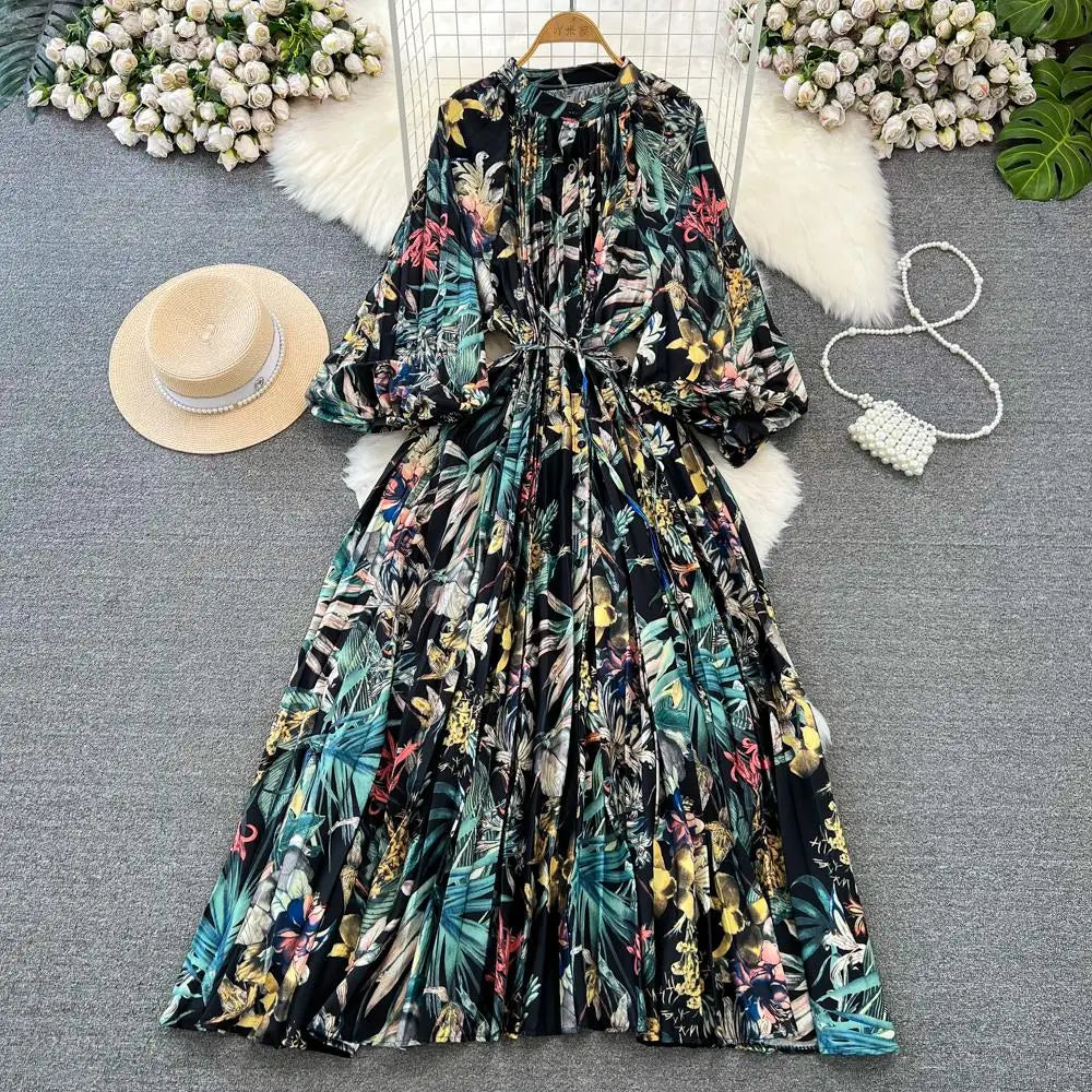 Elegant Women Casual Floral Print Party Dress Vintage Lantern Sleeve A-Line Pleated Prom Birthday Clothes Female Fashion Robe