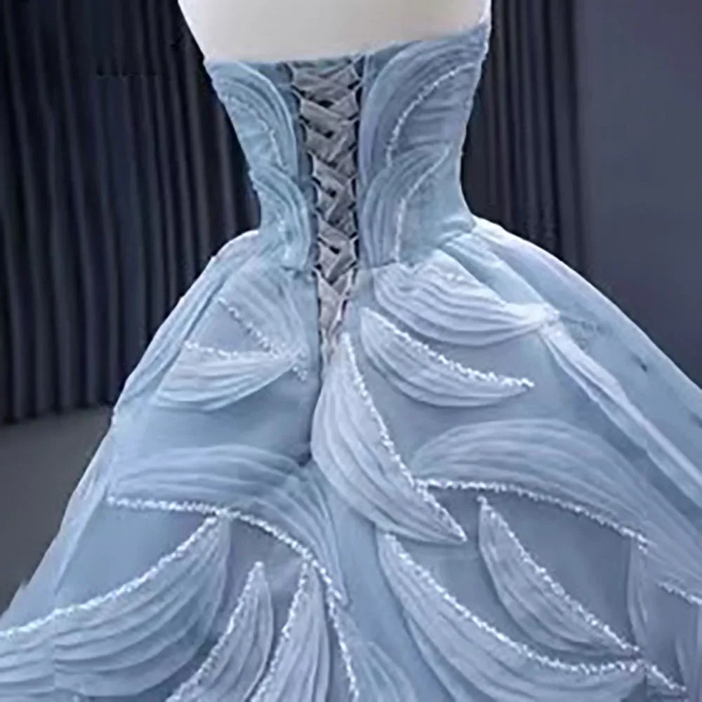 Serene Hill High End Custom Made Gray Blue Strapless Lace Up Beaded Luxury Ball Gown Bride Gowns Wedding Dress HM231064