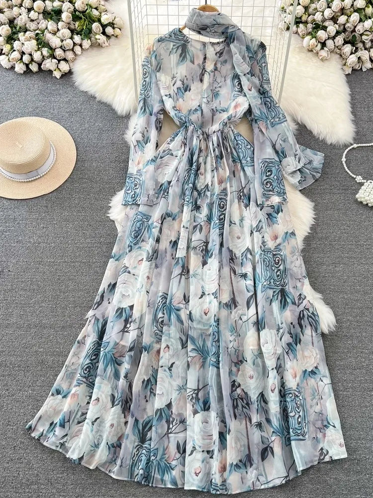 Elegant Chic A-Line Women Autumn Dress Long Sleeve Casual Floral Print Vintage Beach Holiday Vestidos Female Lace-up Robe Mujers