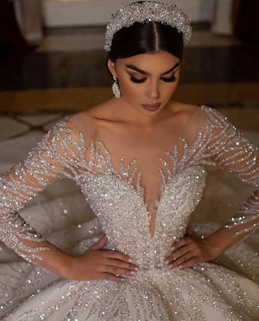 2023 Glitter Backless Wedding Dresses Ball Gown Arabian Luxury Sheer Neck Full Sleeves Sequins Bridal Gowns Vestidos De Novia