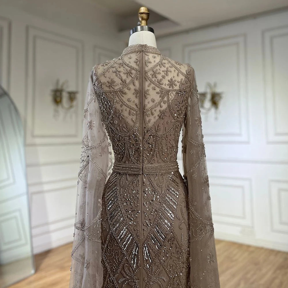 Serene Hill 2024 Muslim Nude Mermaid Elegant Bell Sleeve Beaded Luxury Dubai Long Evening Dress for Formal Occasion LA72316A