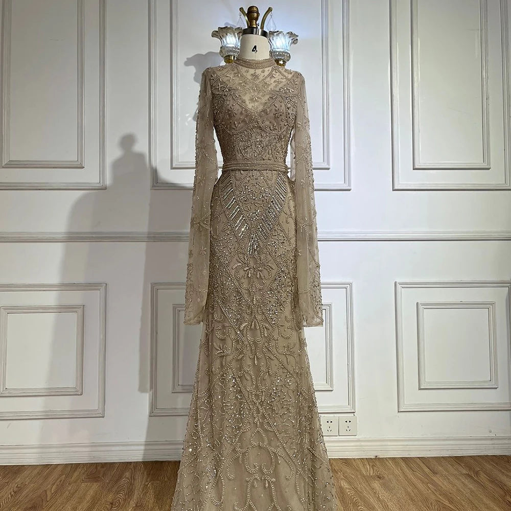 Serene Hill 2024 Muslim Nude Mermaid Elegant Bell Sleeve Beaded Luxury Dubai Long Evening Dress for Formal Occasion LA72316A