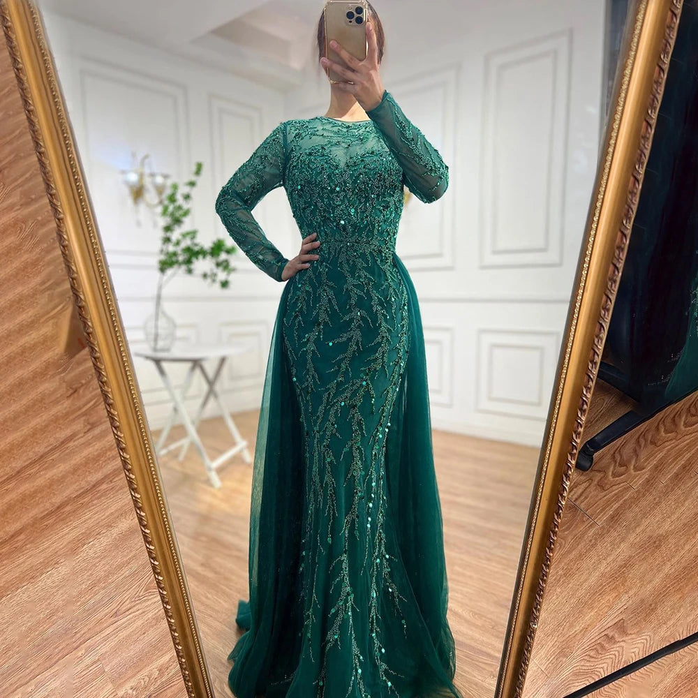 Serene Hill Muslim Green Elegant Mermaid Lace Beaded Luxury Long Evening Dresses Gowns For Women Wedding Party 2024 LA71653L