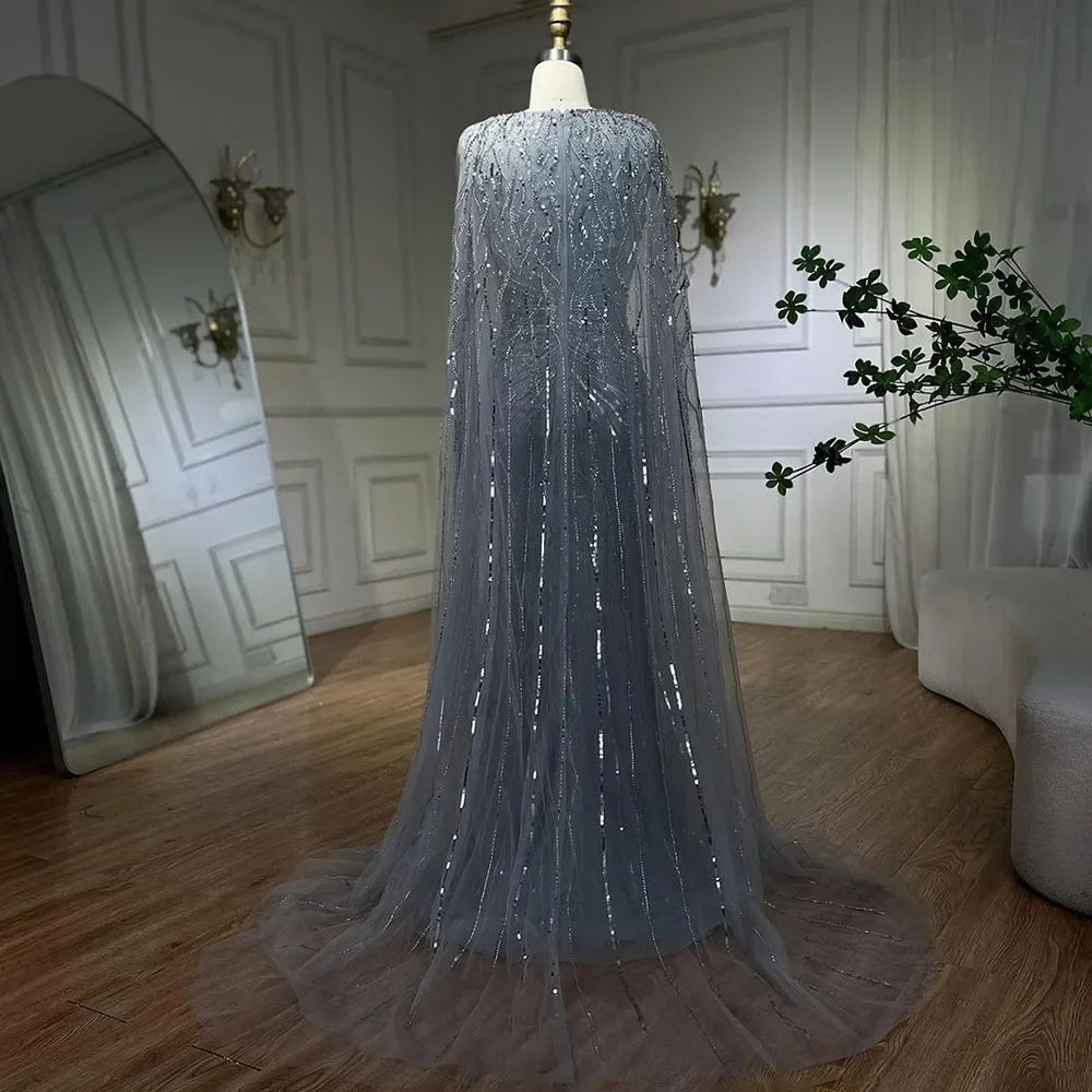 SERENE HILL 2024 Arabic Silver Mermaid Cape Sleeves Luxury Beaded Evening Dresses Formal Long Gowns Women Wedding Party GLA72239