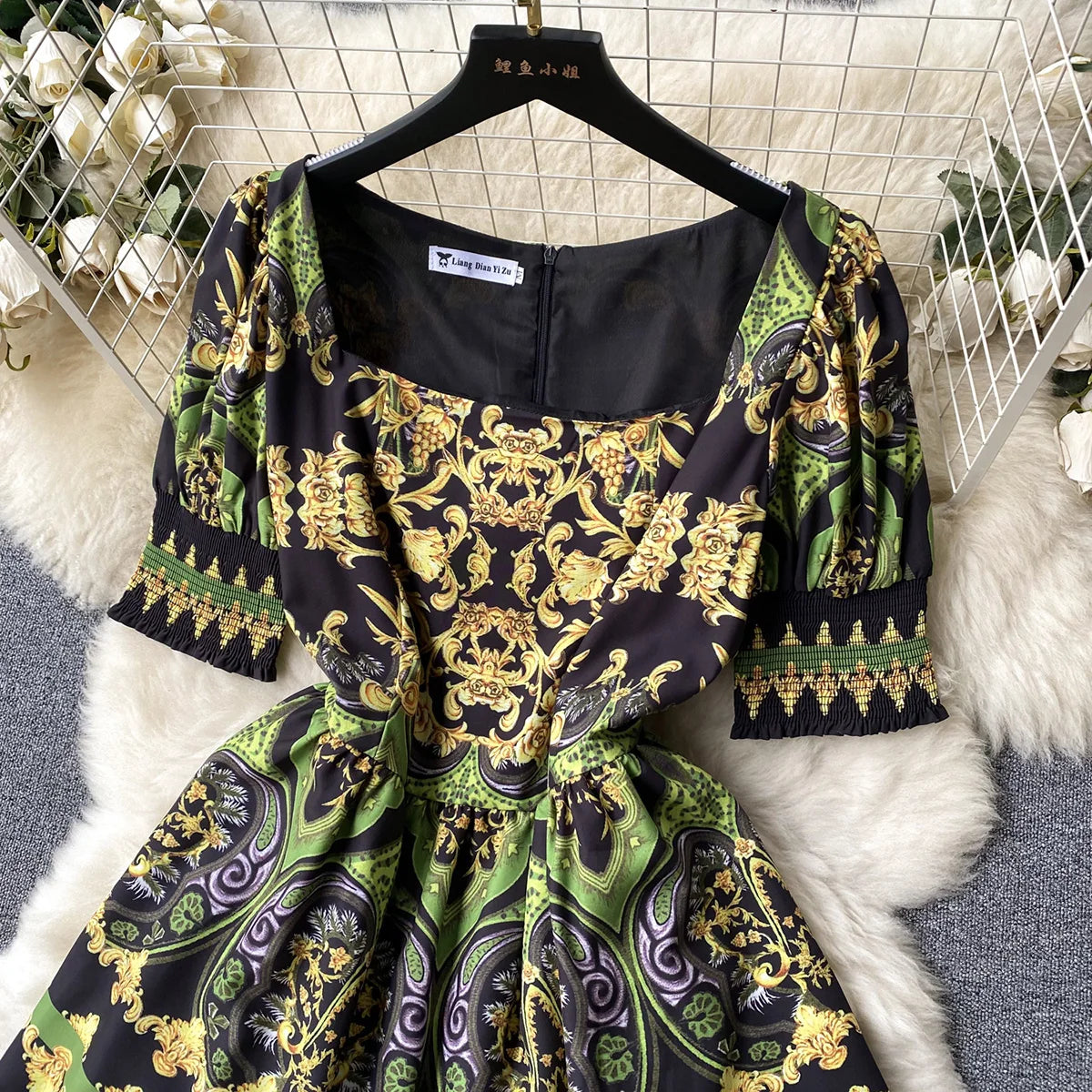 Elegant Party Dresses For Women 2023 Fashion Clothes Vintage Print Mini Dress Square Neck Short Sleeve Tiered Hem Summer Dress