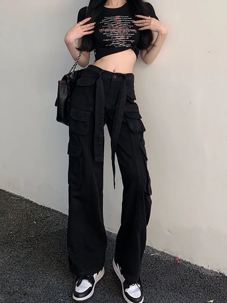 Women's High Waist Cargo Pants with Lace Belt Street Multi Pocket Straight Leg Casual Trousers Spring Autumn New Y2K Vintage