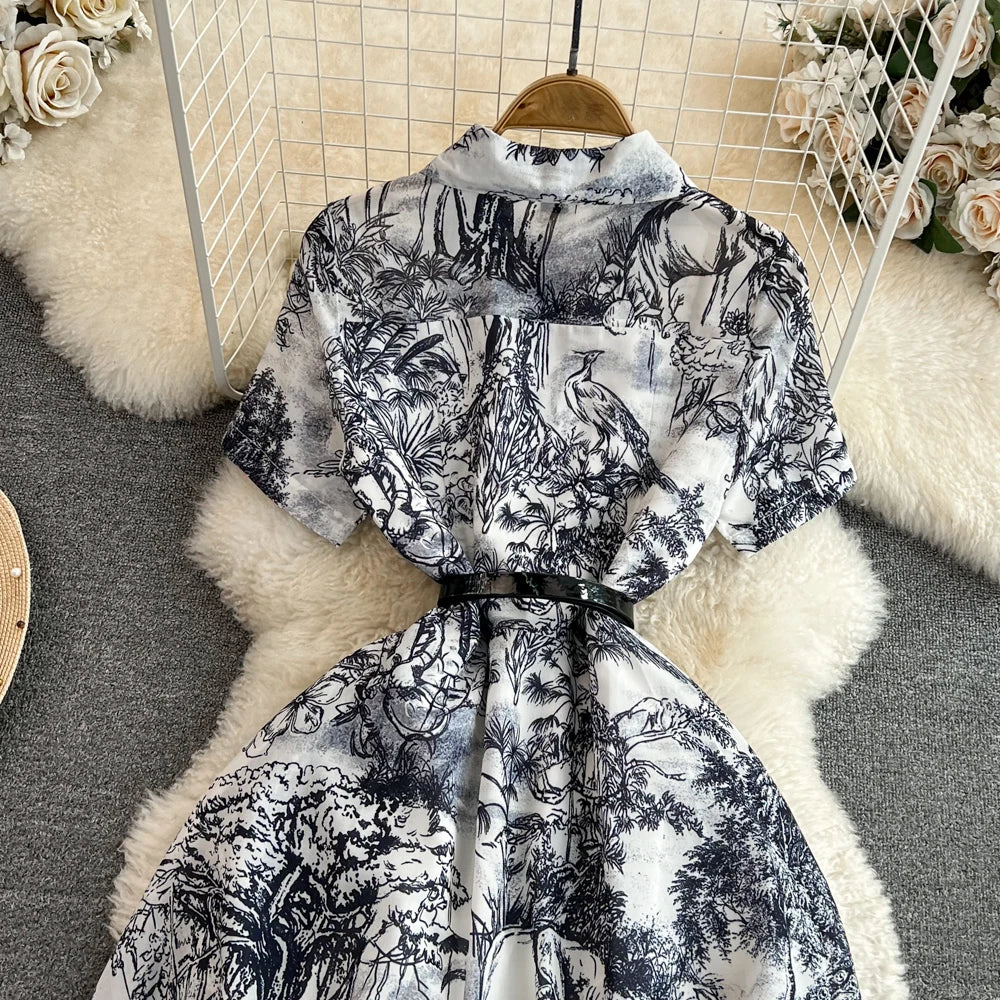 Summer Retro Shirt Dress Women Short Sleeved Lapel Single Breasted A-line Print Long Dresses Ladies Elegant Party Long Robe