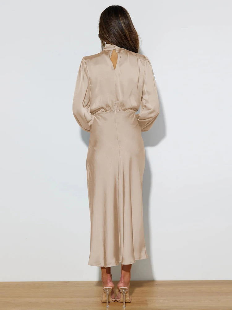 Spring Summer New High-End Satin Long Sleeved Dress Women's Ladylike Elegant Evening Dress Party Clothes Celebrity Dresses