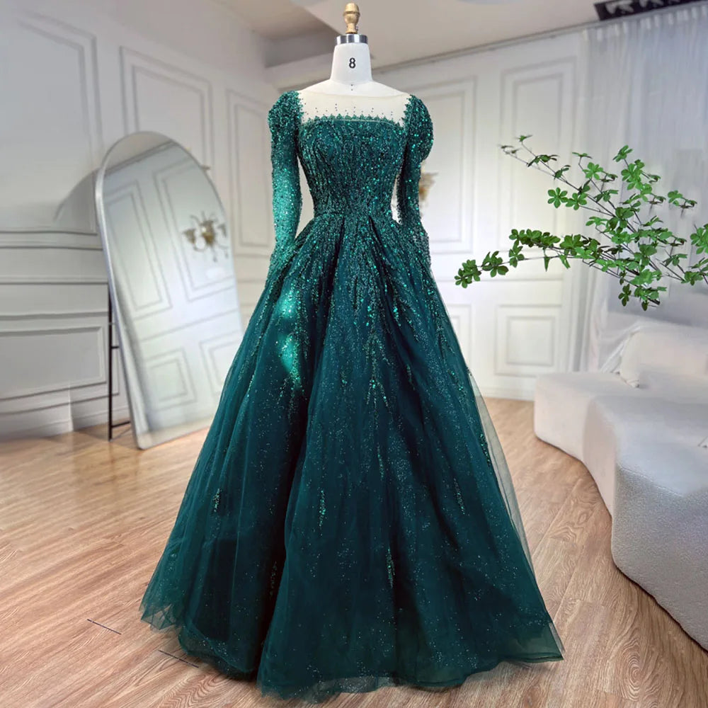 Serene Hill Muslim Pink A Line Beaded Luxury Dubai Long Evening Dresses Gowns 2024  For Woman Wedding Party LA71915