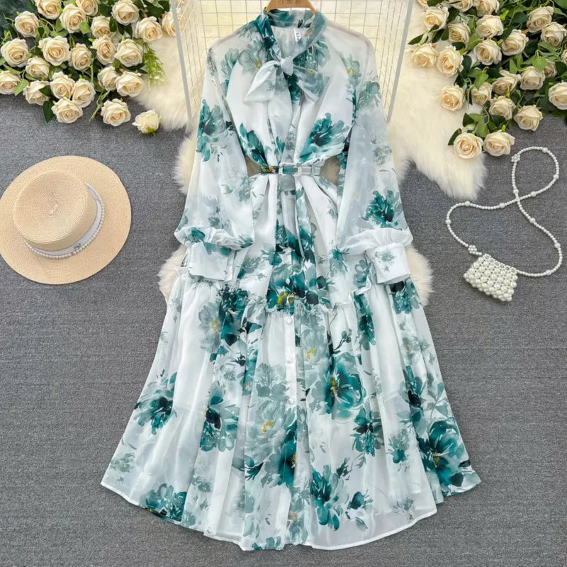 Elegant Casual Women Fashion Floral Print Long Dress Vintage Pleated A-Line Maxi Boho Beach Party Robe Female Clothes Mujers