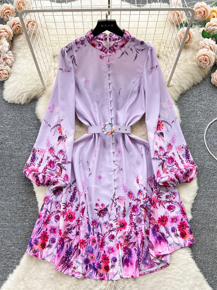 Spring Dresses 2024 Women Clothing Long Sleeve Party Elegant Dress With Belt Stand Collar Vintage Floral Print Holiday Dress