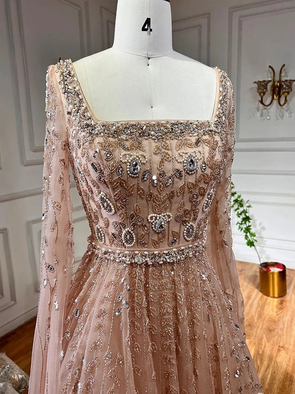 Serene Hill 2024 Muslim Pink A Line Beaded Elegant Cape Sleeve Luxury Evening Dresses Gowns For Women Wedding Party LA71803A
