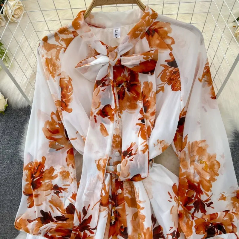 Elegant Casual Women Fashion Floral Print Long Dress Vintage Pleated A-Line Maxi Boho Beach Party Robe Female Clothes Mujers