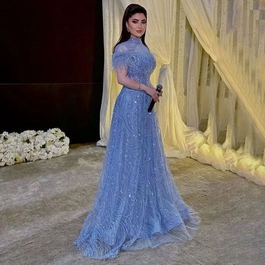 Serene Hill 2024 Arabic blue A Line Short Sleeveless Luxury Evening Dresses Beaded Feathers For Women Wedding Party LA72351