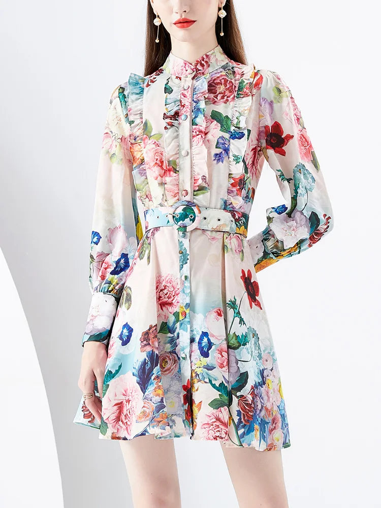Mini Dresses For Women Frill Trim Long Sleeve Spring Vacation Dress Stand Collar Elegant Vintage Floral Print Dress With Belt