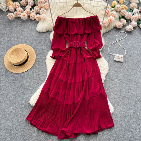 Vintage Pleated Slash Neck Off Shoulder High Waist  Dress Long Sleeve  Dress Chic Summer Beach Vestidos Women Vacation Sundress