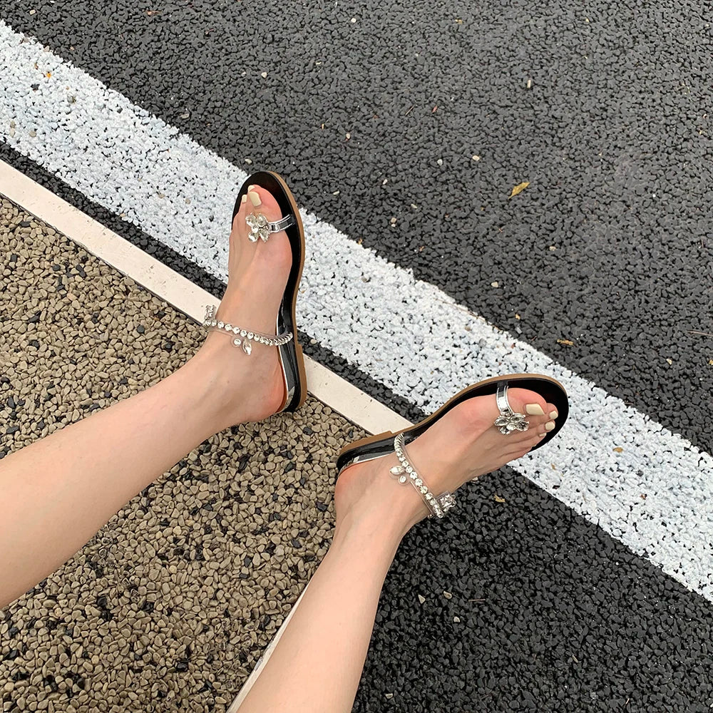 Clip Toe Women Sandals Slippers Black Brown Silver Summer Outside Mules Shoes Rhinestone Chain Low Heels Party Pumps Size 35-39