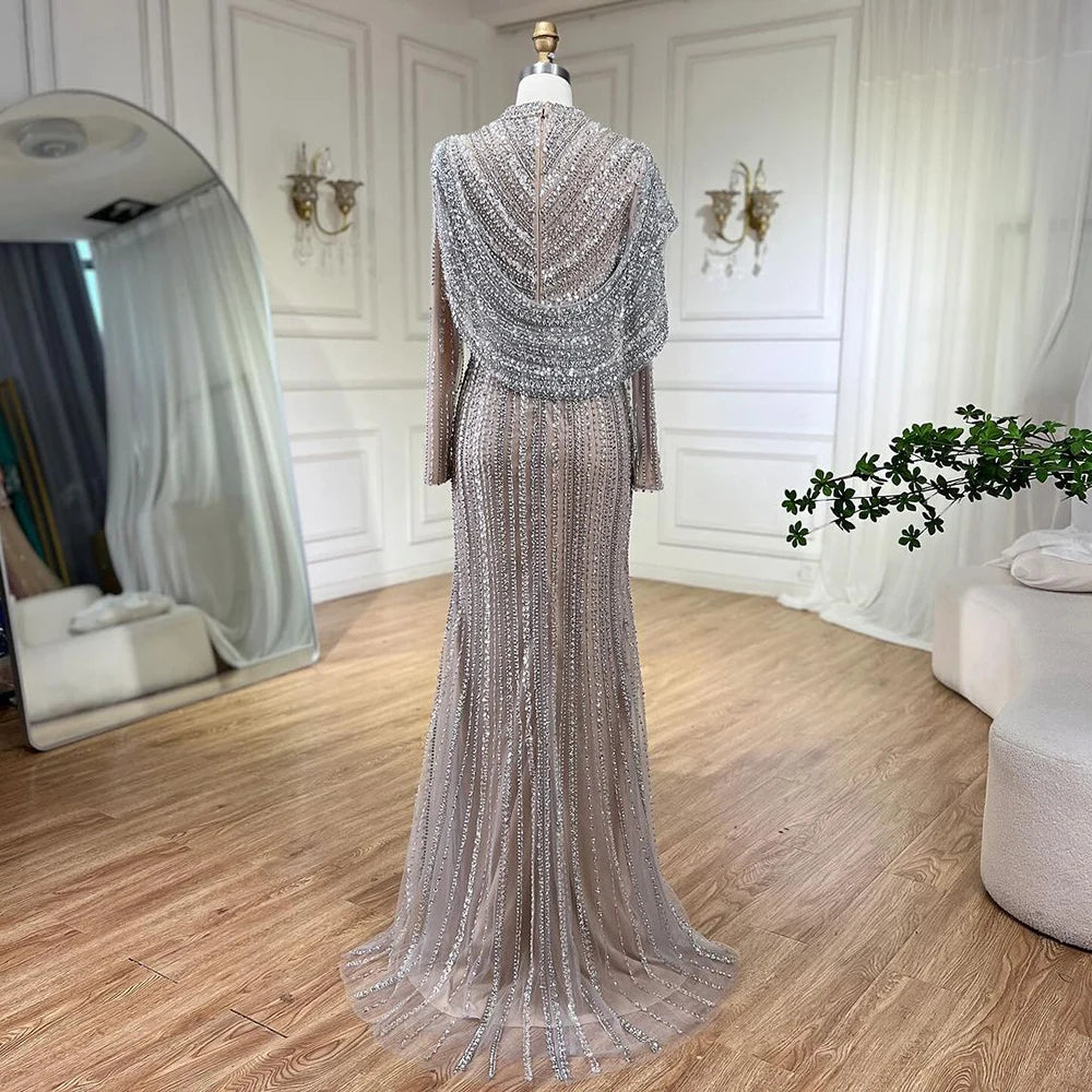 Serene Hill 2024 Muslim Silver Nude Beaded Sparkle Elegant Luxury Mermaid Evening Dresses Gowns for Women Party LA70752H
