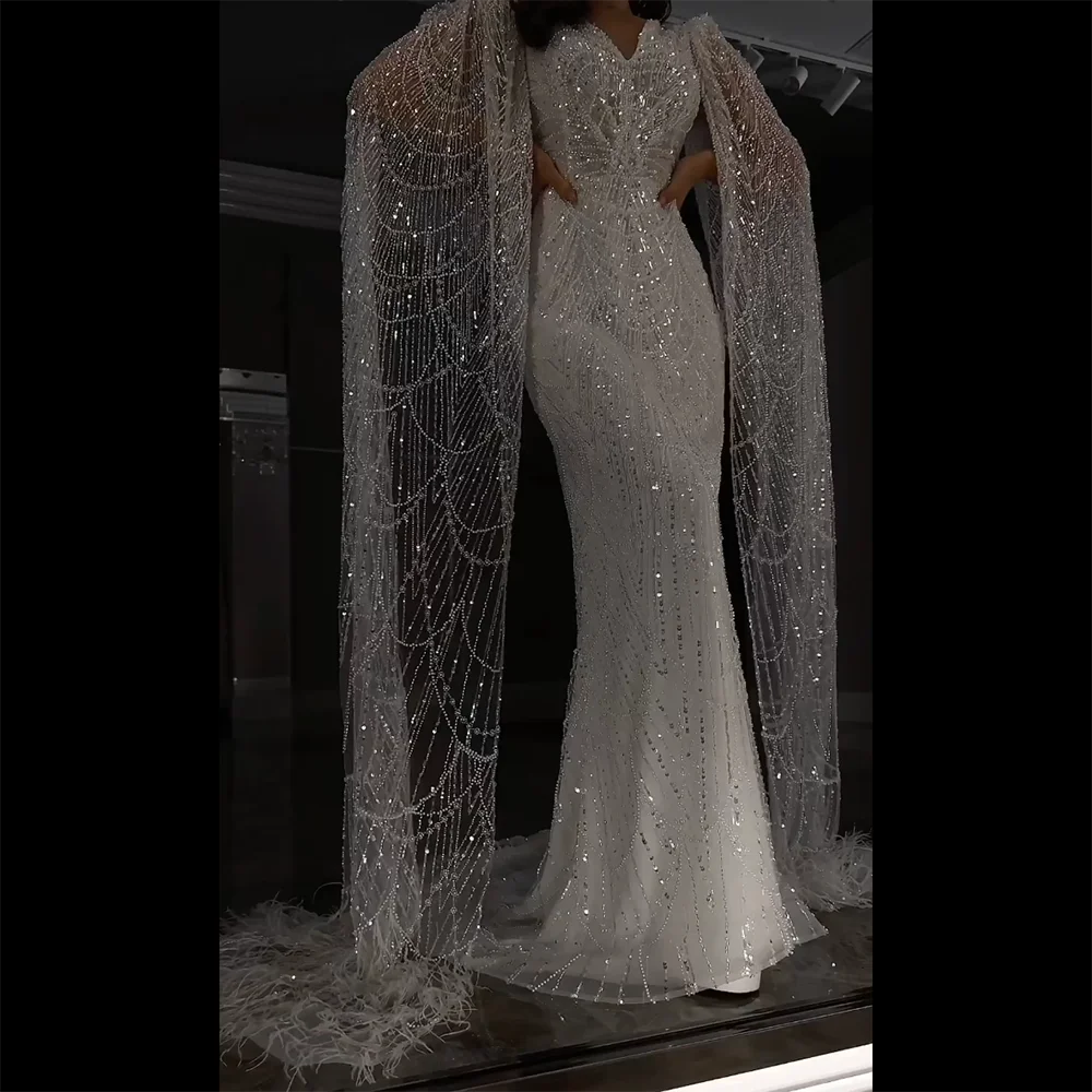 Serene Hill Arabic White Luxury Pearls Beaded Mermaid Cape Sleeves Evening Gowns 2024 For Women Wedding Party LA72160