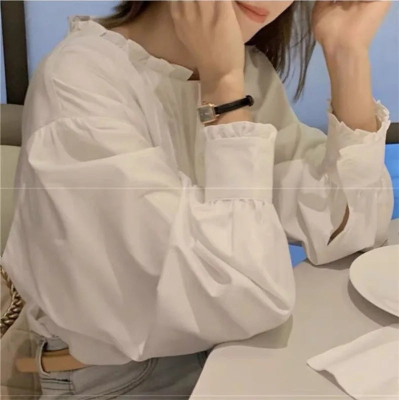 Women's French Elegant White Shirt Blouse Autumn New Collection Mushroom Edge Round Neck Long Sleeve Pullover Shirt Tops