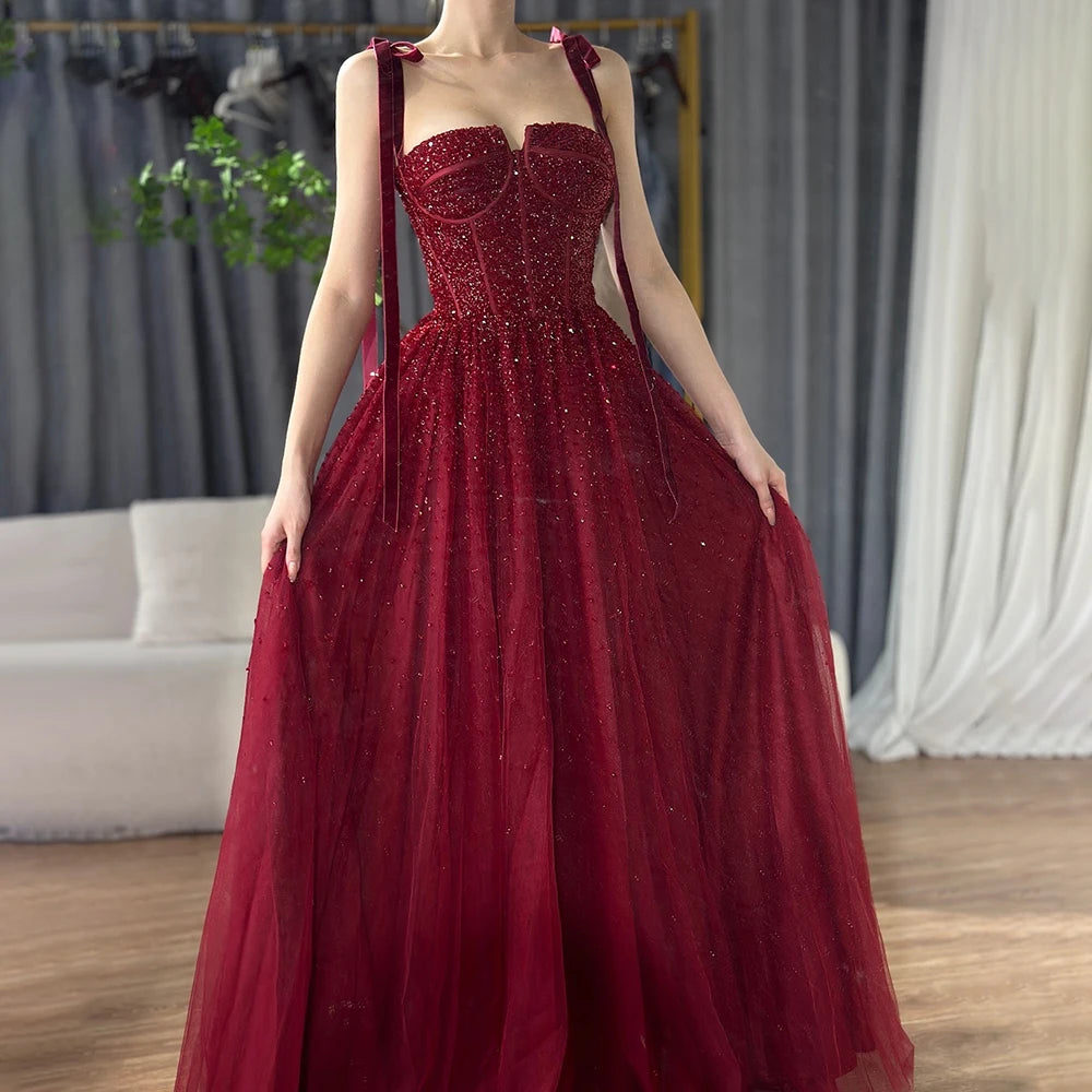 Serene Hill 2024 Saudi Wine Red Beaded Evening Gown Spaghetti Strap A-Line Luxury Floor-Length for Formal Occasion LA70600A
