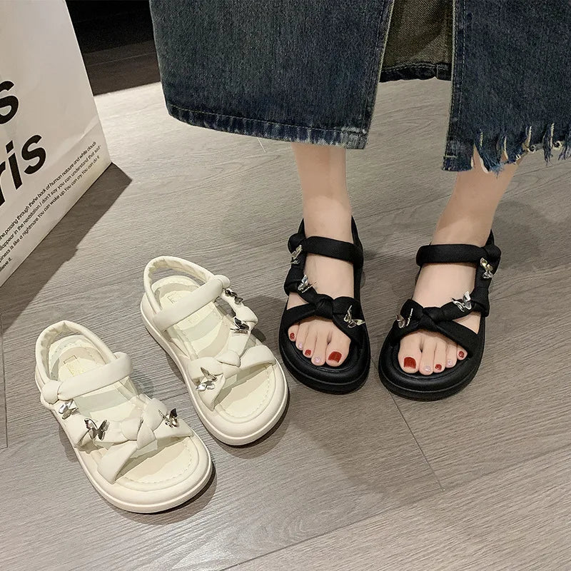 2024 Summer Low Sandals Woman Leather Bow Shoes Clear Heels Soft Low-heeled Comfort Clogs New Girls Fashion Slipper Rome Casual