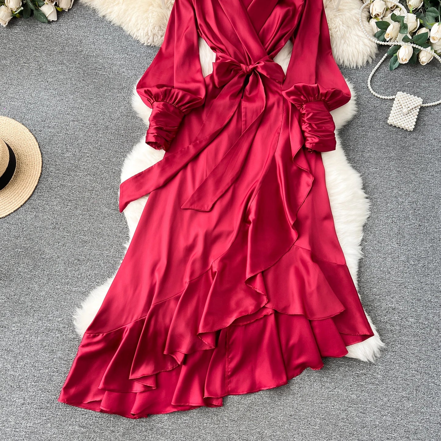 Women Elegant Satin Dress Summer Bandage High Waisted Ruffled Irregular Blazer Dresses Ladies A-line Vintage Party Long Robe