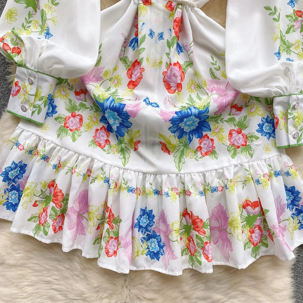 Clothes For Women Dresses 2024 Spring Ruffle Hem Vintage Floral Print Dress Stand Neck Long Sleeve Holiday Mini Dress With Belt