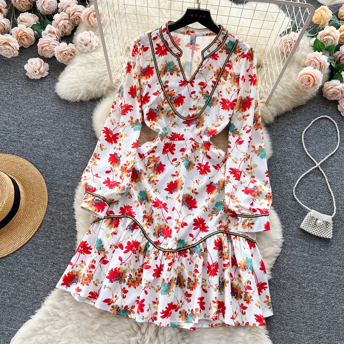 Elegant Dresses For Women 2023 New In Contrast Trim Vintage Floral Print Dress V Neck Long Sleeve Ruffle Hem Vacation Mini Dress