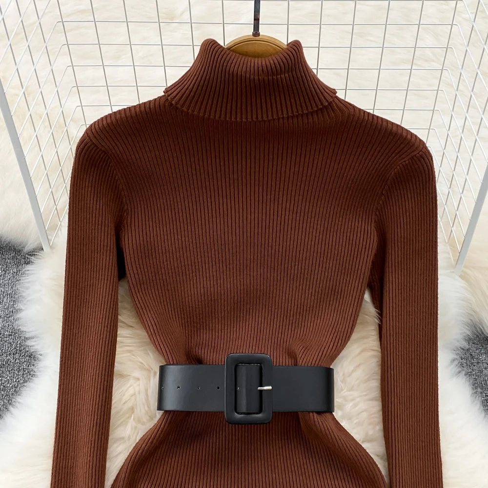 Elegant Turtleneck Long Sleeve Knit Soft Tight Pencil Dress with Belt Slim Fashion Warm Sweater Vestido Sexy Women Winter Robe