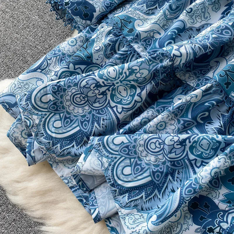 Spring Summer Women Dresses Elegant Vintage Print Holiday Bohemian Beach Dress Stand Collar Long Sleeve Ruffle Tiered Mini Dress