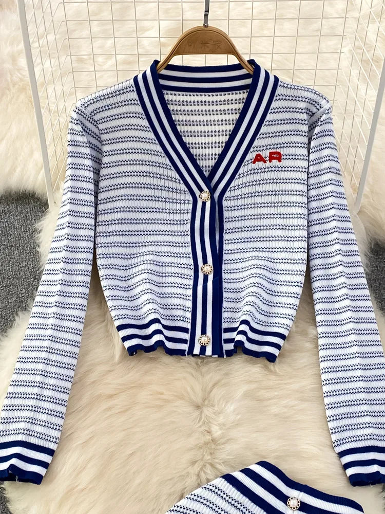 New Autumn Womens Fashion Striped Knitted Sets V-Neck Cardigan Sweater + Casual Stretch-knit Wide-leg Pants Suits Two Piece Sets