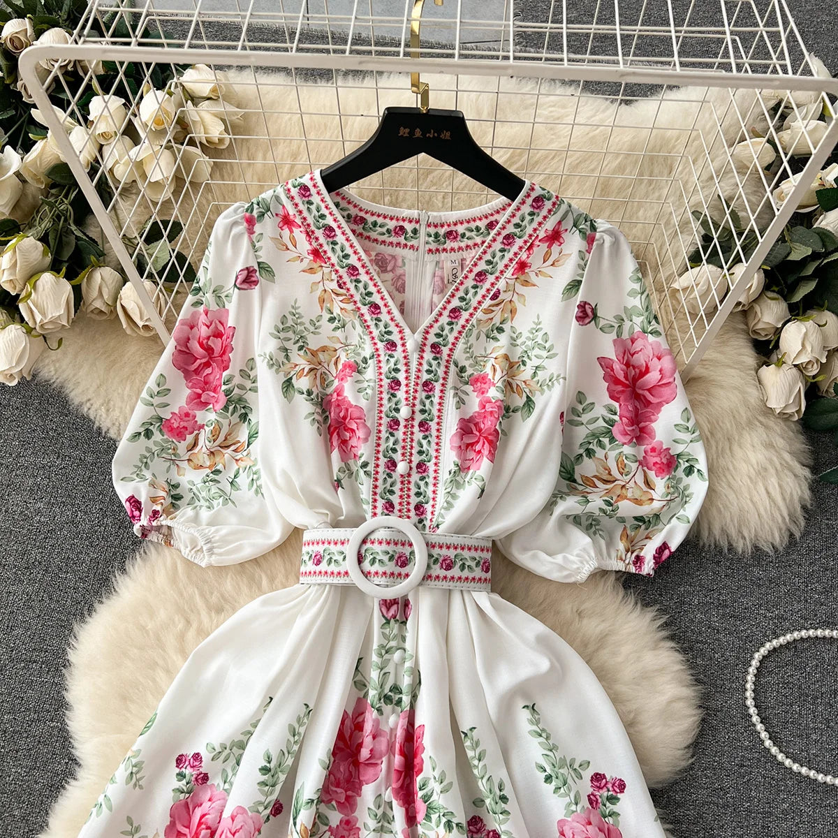 Summer Dress Women 2023 Fashion Clothing V Neck Vintage Floral Print Mini Dress Short Puff Sleeve Belted Elegant Party Dresses