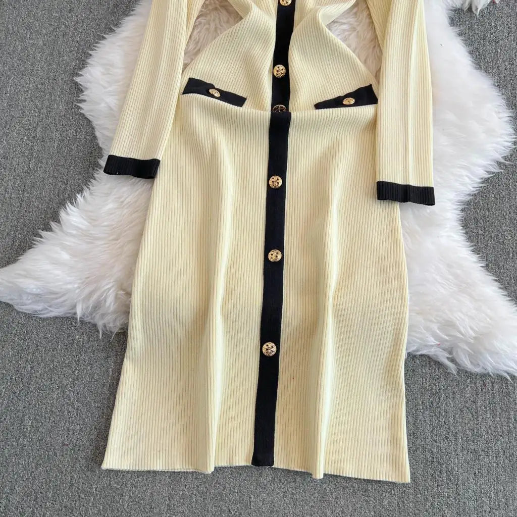 Elegant Women Fashion Casual Bodycon Knitted Dress Vintage Single Breasted Party Birthday Prom Vestidos Female Clothes Long Robe