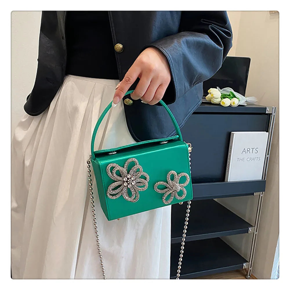 Light Luxury High-Grade Women Chain Crossbody Bag Korean Design Sense Diamond Flower New Pop Handbag Fashion Box Mini Square Bag