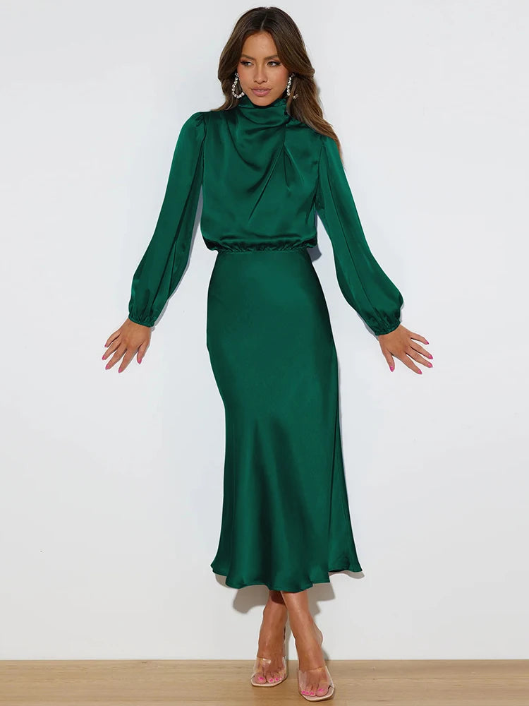 Spring Summer New High-End Satin Long Sleeved Dress Women's Ladylike Elegant Evening Dress Party Clothes Celebrity Dresses