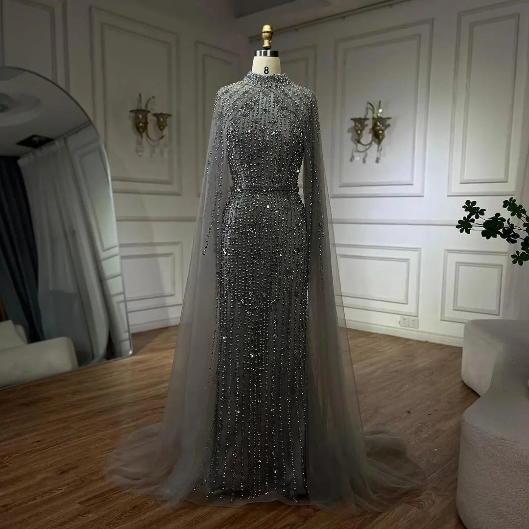 SERENE HILL 2024 Arabic Nude Mermaid Cape Long Sleeves Luxury Beaded Evening Dresses Formal Gowns Women Wedding Party GLA72372