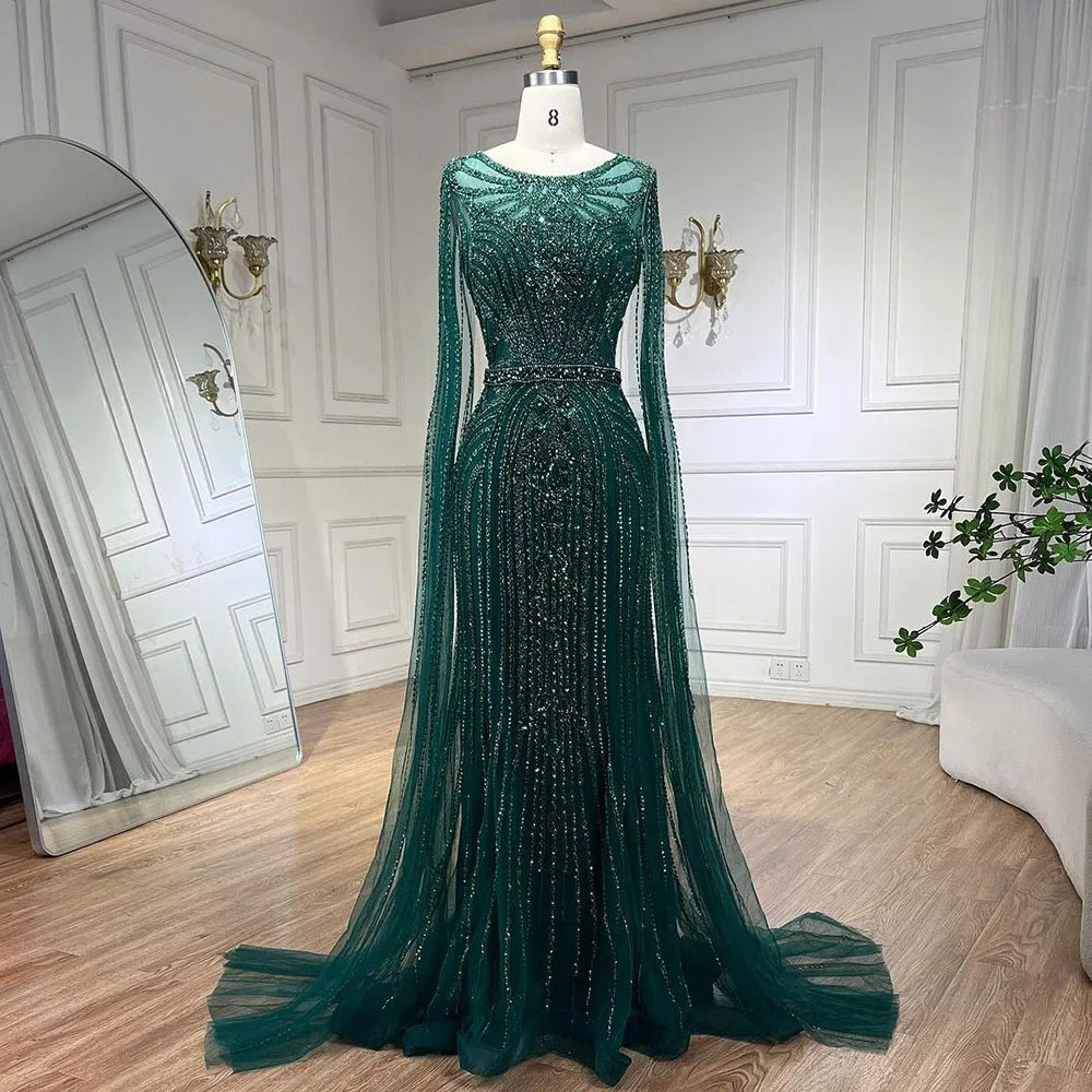 Serene Hill Brown Mermaid Elegant 2024 With Cape Sleeves Beaded Luxury Evening Dresses Gowns   For Women Party LA70638