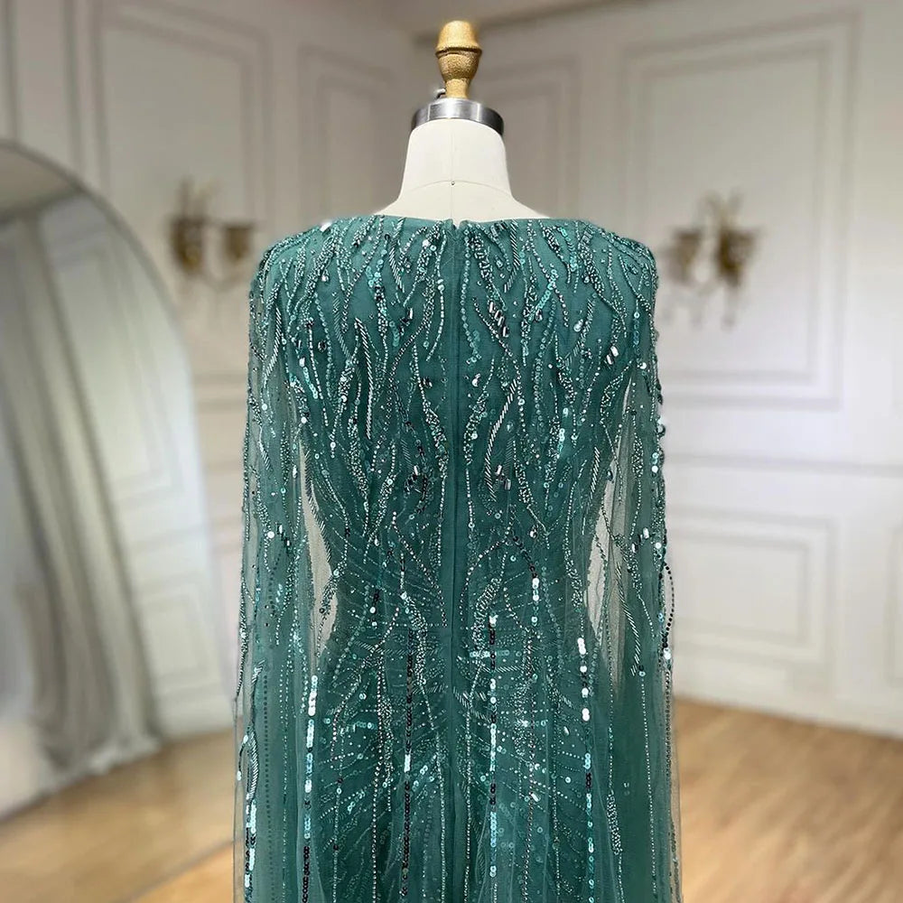 SERENE HILL 2024 Arabic Silver Mermaid Cape Sleeves Luxury Beaded Evening Dresses Formal Long Gowns Women Wedding Party GLA72239