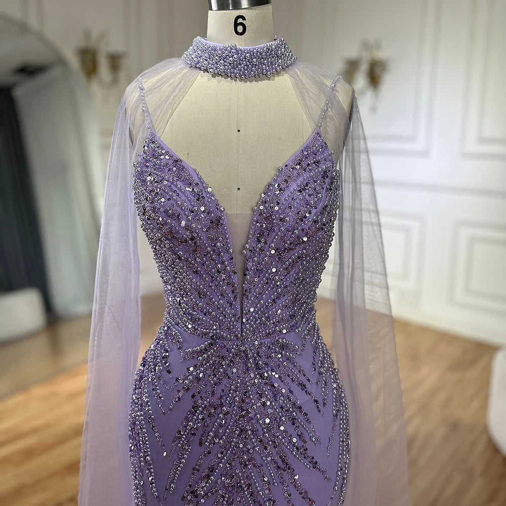 Serene Hill Spaghetti Strap Long Cloak Mermaid Caramel Beaded  Luxury Evening Dresses Gowns for Women's Party 2024 LA72768