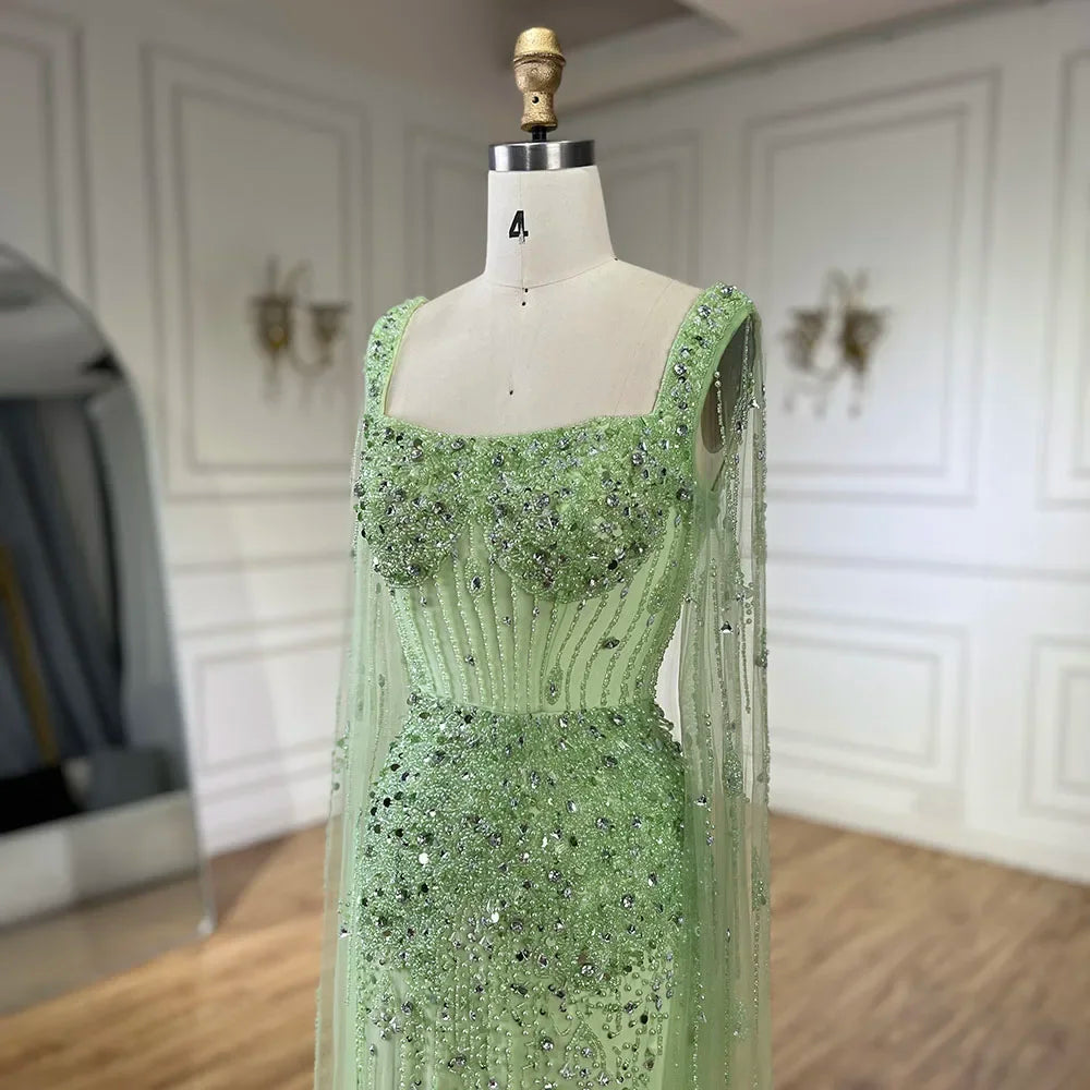 Serene Hill Arabic Gray Mermaid Beaded Luxury Dubai Long Evening Gown with Cape Sleeves Elegant for Women - Party 2024 BLA72592