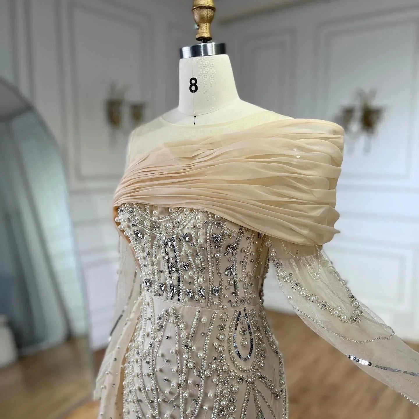 SERENE HILL 2024 Nude Mermaid Luxury Pearls Beaded Evening Dresses Elegant Gowns With Sideskirt Women Wedding Party GLA72348