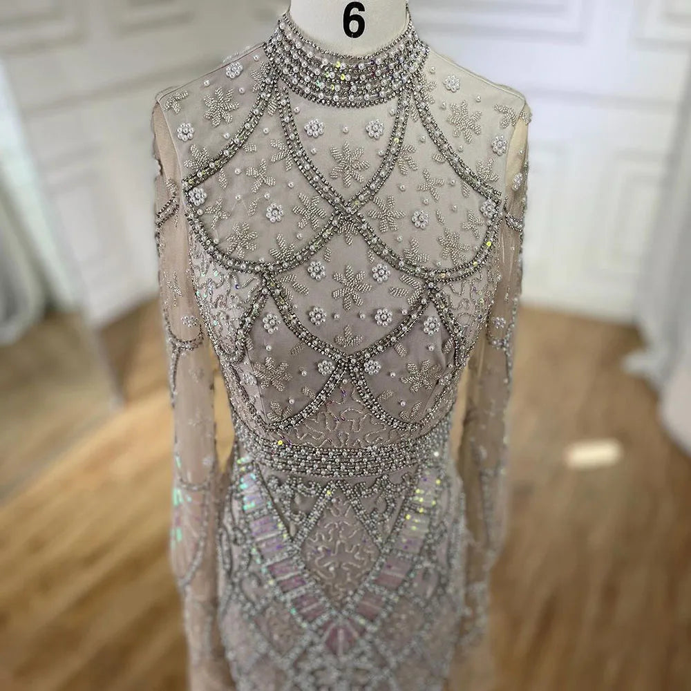 Serene Hill Muslim Grey Mermaid Elegant Nude Cape Sleeve Beaded Luxury Dubai Long Evening Dress 2024 Women's Party LA72316