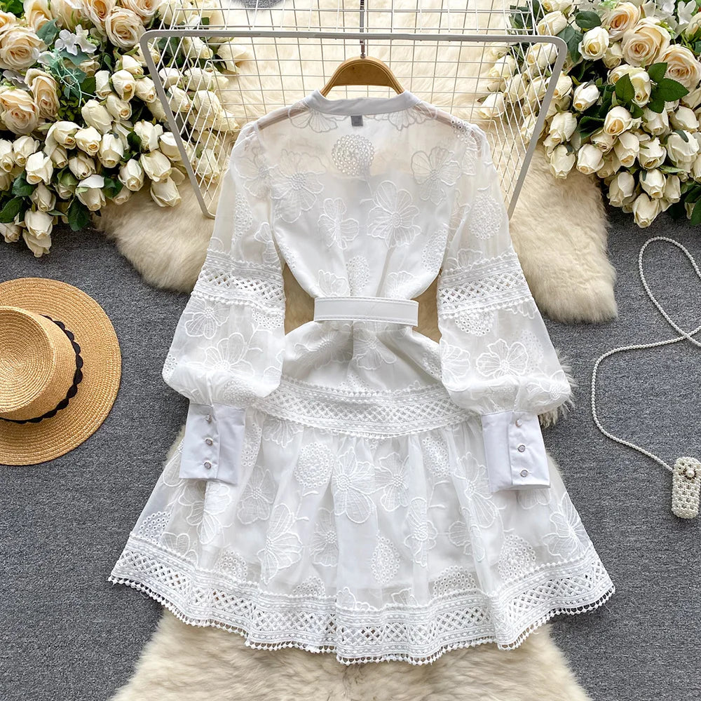 Spring Dresses 2024 Crochet Trim Cutwork Embroidery Mini Holiday Dress Women Stand Collar Long Sleeve Elegant Party Dresses