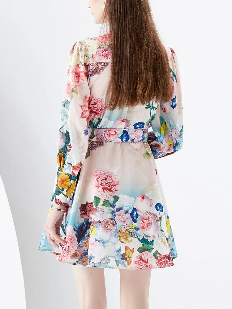Mini Dresses For Women Frill Trim Long Sleeve Spring Vacation Dress Stand Collar Elegant Vintage Floral Print Dress With Belt