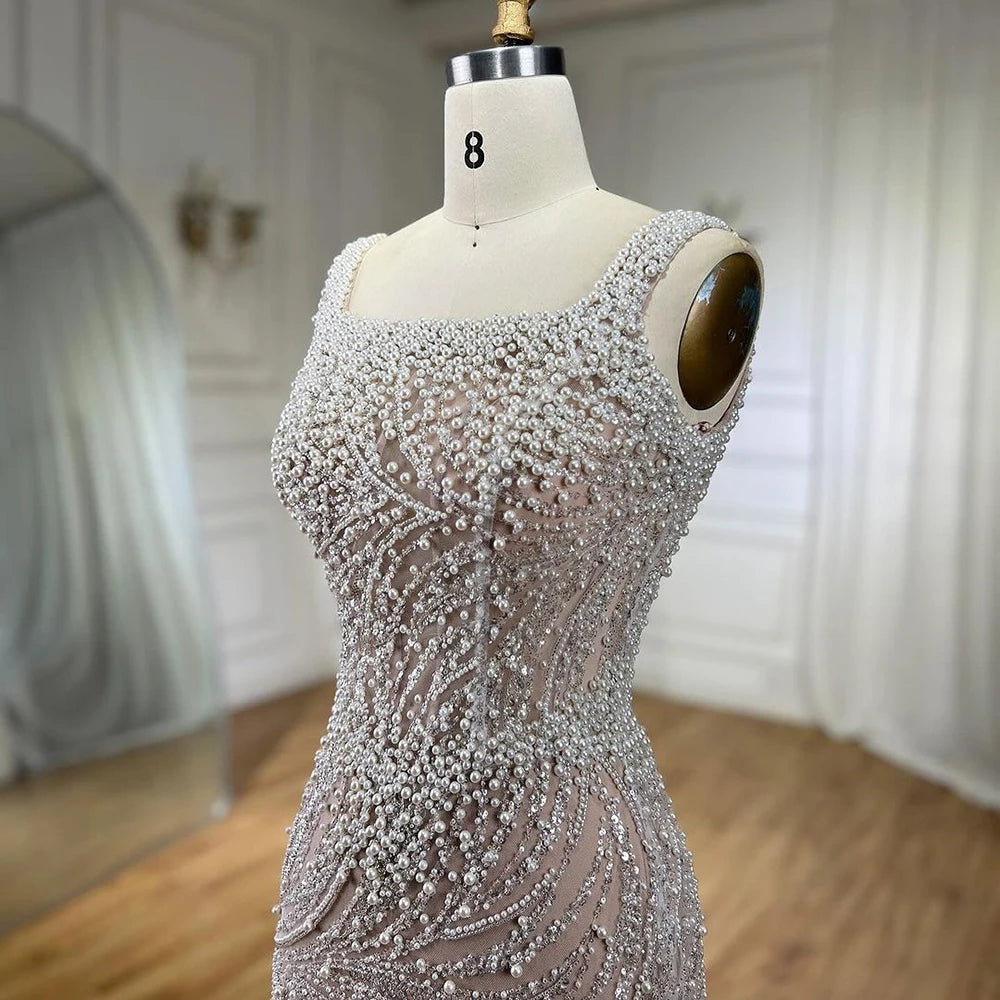 SERENE HILL 2024 White Nude Spaghetti Strap Mermaid Beaded Evening Dresses Luxury Pearls Gowns For Women Wedding Party GLA72266
