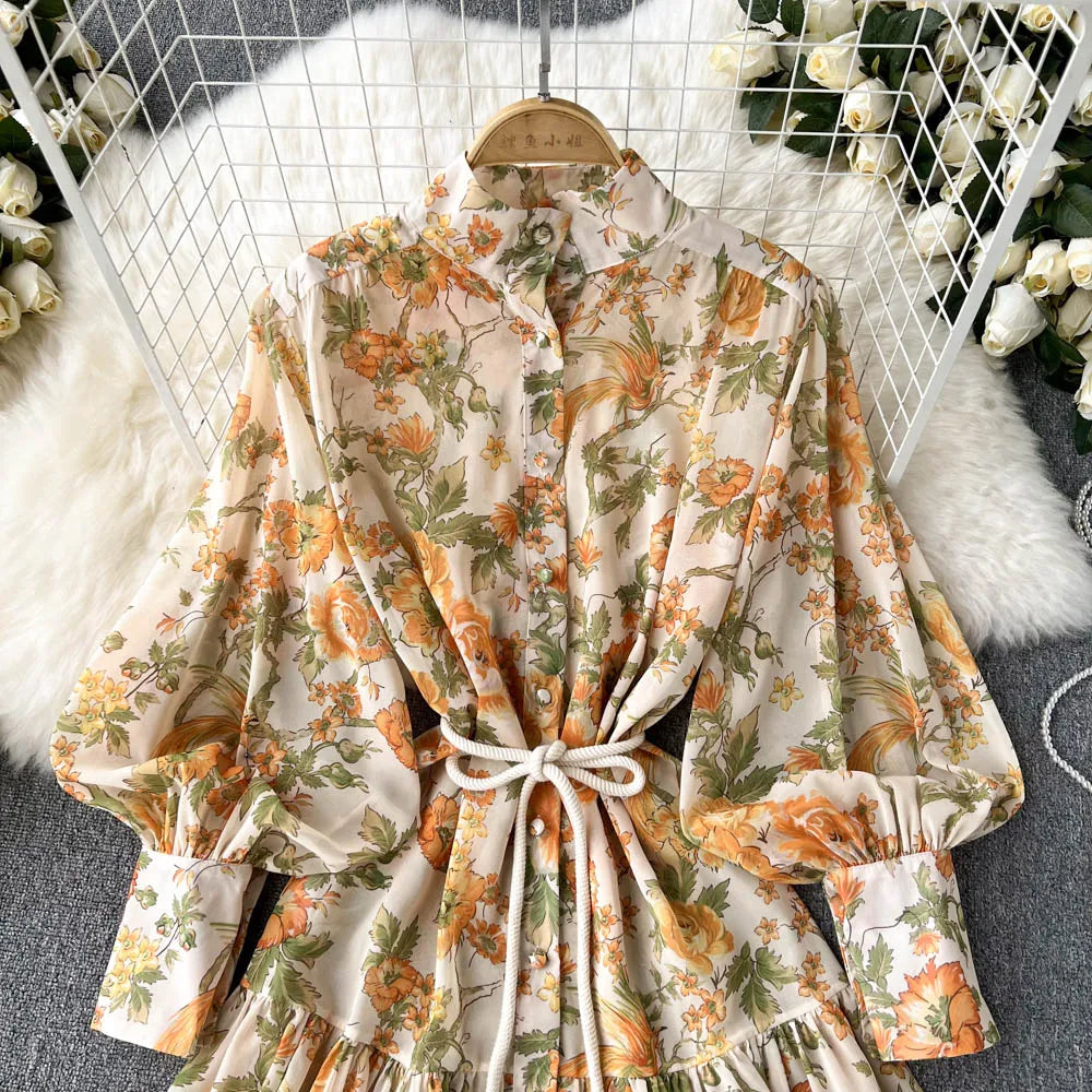 Elegant Party Dresses For Women Stand Collar Vintage Floral Print Dress Long Sleeve Holiday Beach Chiffon Mini Dress With Belt