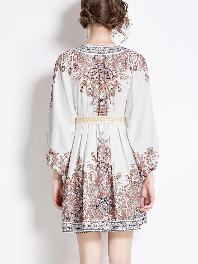 Holiday Dress For Women 2024 Bohemian Vintage Paisley Print Dress Spring 3/4 Sleeve V Neck Elegant Party Short Dresses With Belt